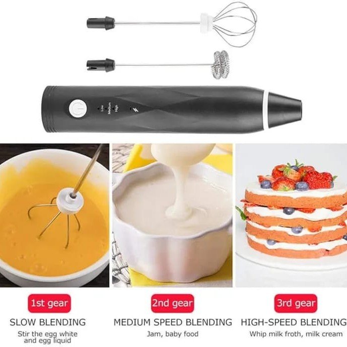 USB Rechargeable Electric Milk Frother | 3 Speed Adjustable | Handheld Coffee Frother + Whisk | For Cappuccino, Latte, Coffee, Egg Beating